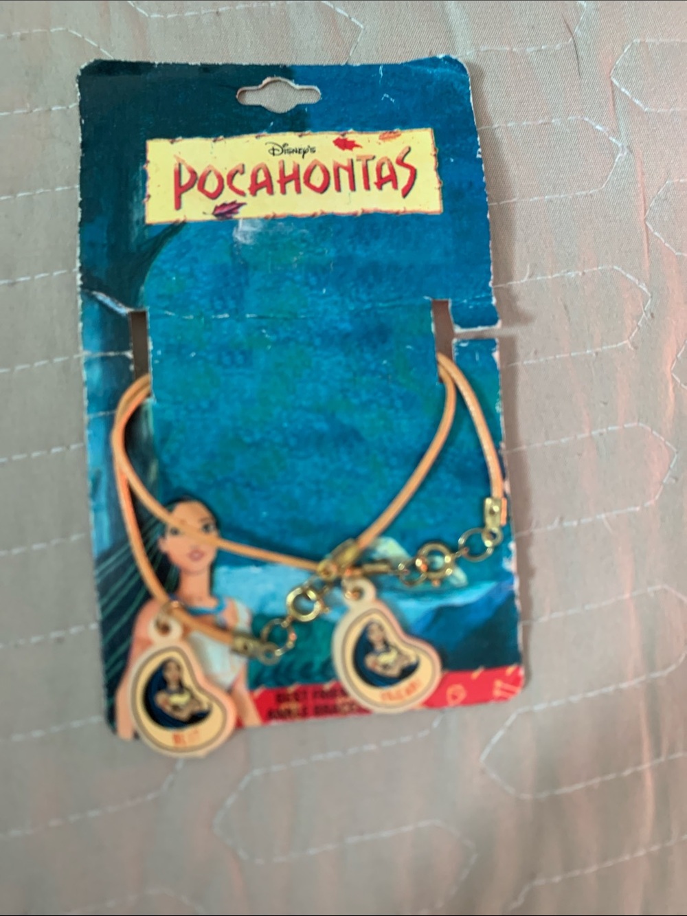 Vintage 68s Disney Pocahontas Gold-Tone Charms on Pink Cord Necklace